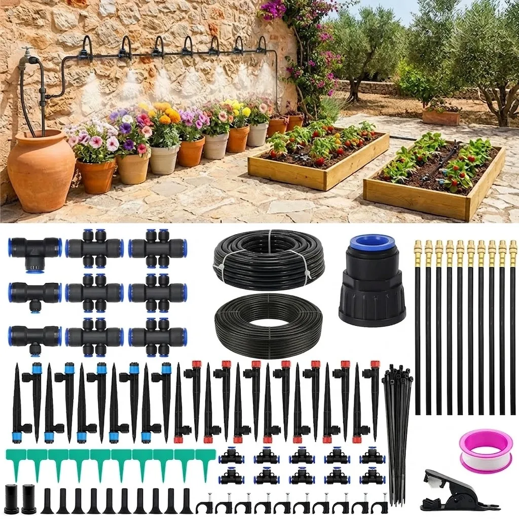 3 Adjustable Nozzles Quick Connect Watering for Outdoor Plants Drip Irrigation Kit Garden Misting System with Three Spray Types