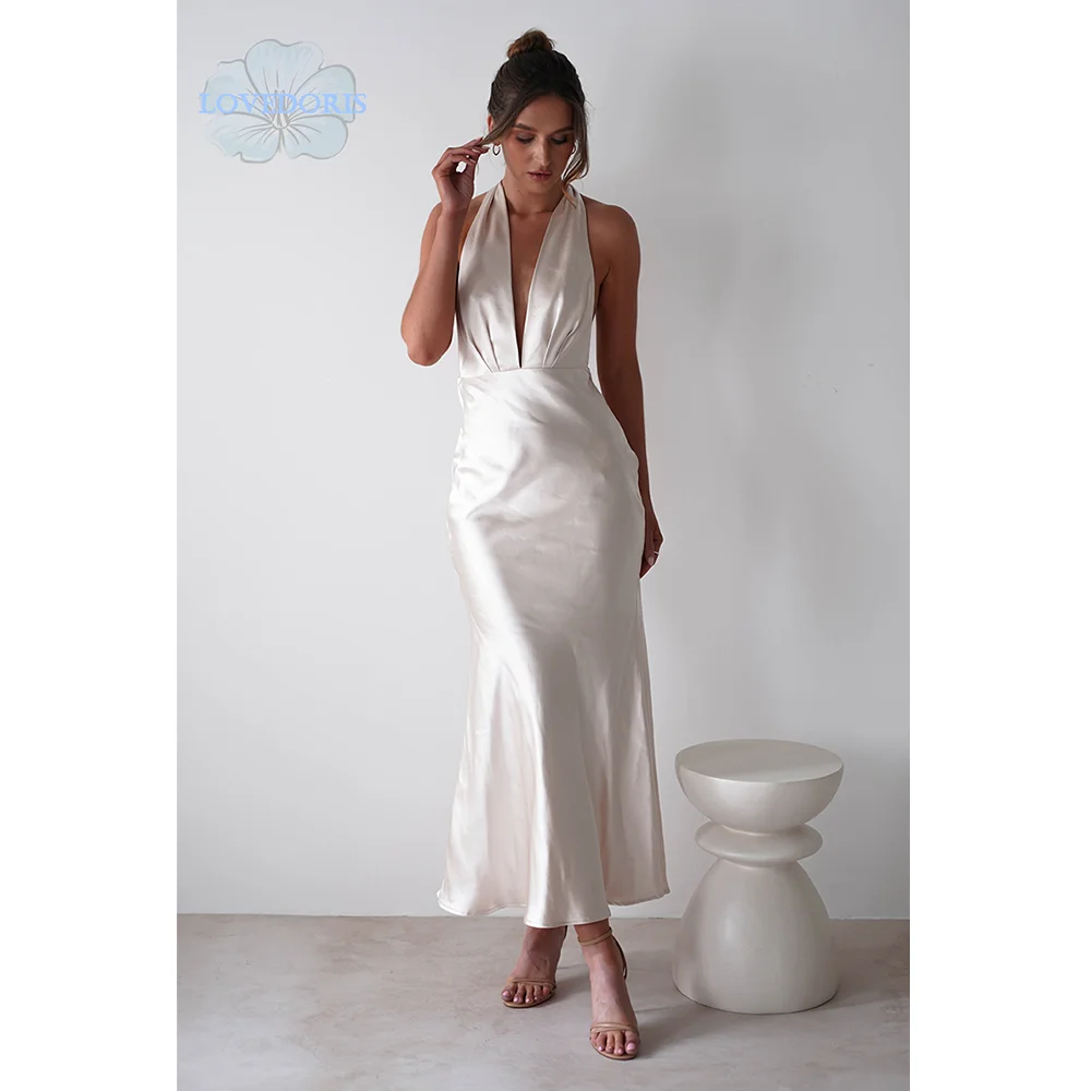 LoveDoris Off white Bridesmaid Dress Sexy Backless Evening Prom Dress Halter Satin Party Dress Customize