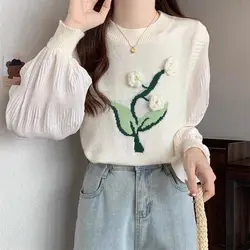 Autumn Winter New Fashion Round Neck Long Sleeve Embroidery Floral Pullovers Women's Clothing Fake Two Pieces Korean Loose Tops