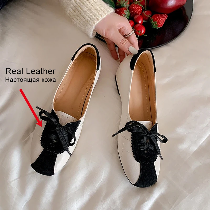 Women's Leather Bow Ballet Flats - Round Toe Office Loafers