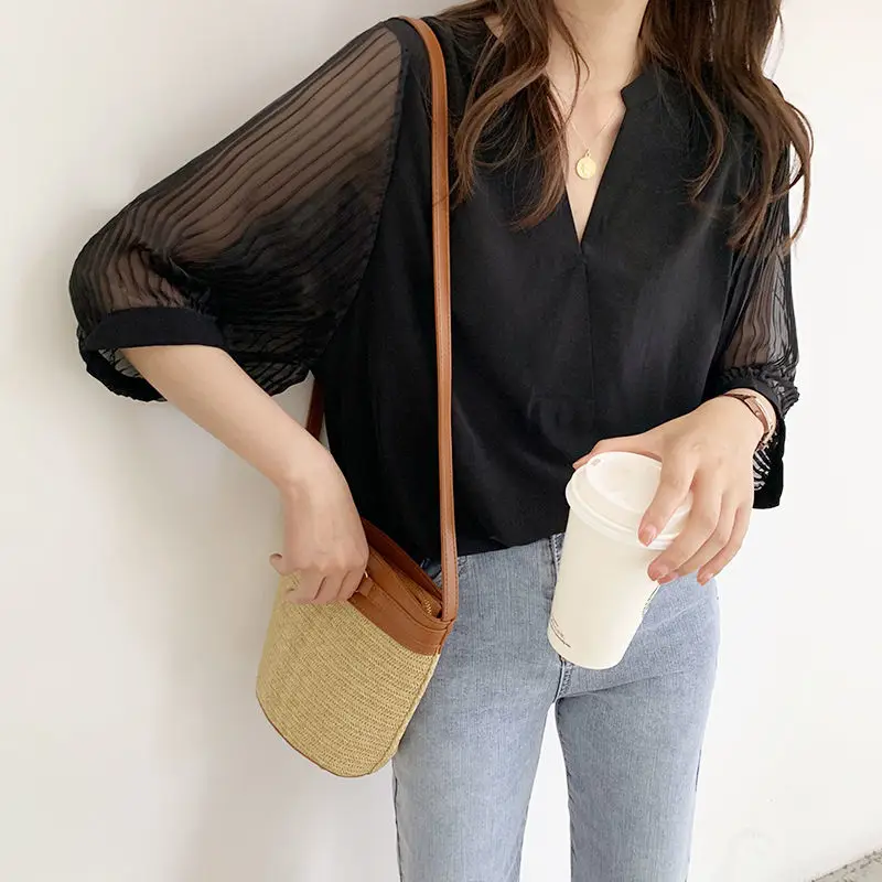 Female Clothing Casual Loose All-match Blouse 2023 Summer 3/4 Sleeve Fashion Solid Color Patchwork Commute Korean V-Neck Shirt