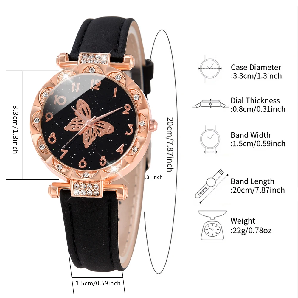 6PCS/Set Black Women Watch Fashionable Starry Sky Elements Dial Quartz Wristwatch Leather Strap Watch Jewelry Set Gift For Her