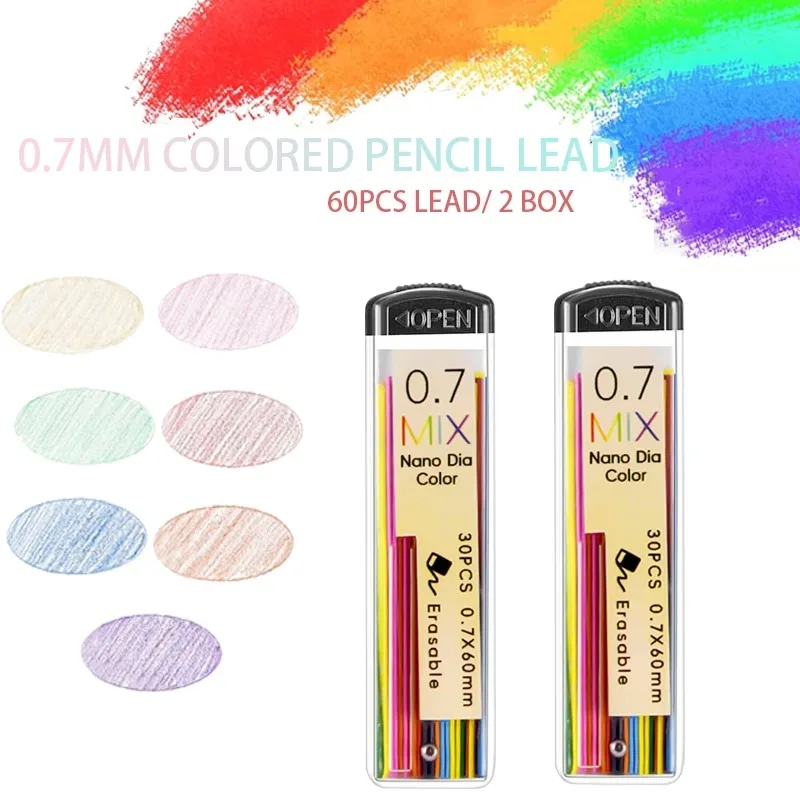 2 boxes (60pcs) of 0.7mm colored pencil leads, 7 different colors, mechanical pencil refill pack