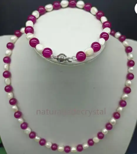 

Natural 7-8MM White Akoya Pearl&8MM Rose Red Jade Round Necklace Bracelet Set