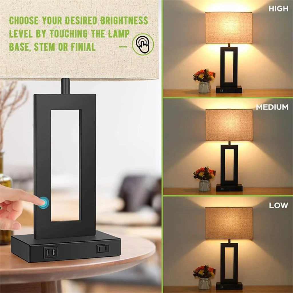 Bedside Lamp With 2 USB Ports Touch Control Table Lamp 3-Way Dimmable Bedroom Modern Nightstand Lamp For Living Room