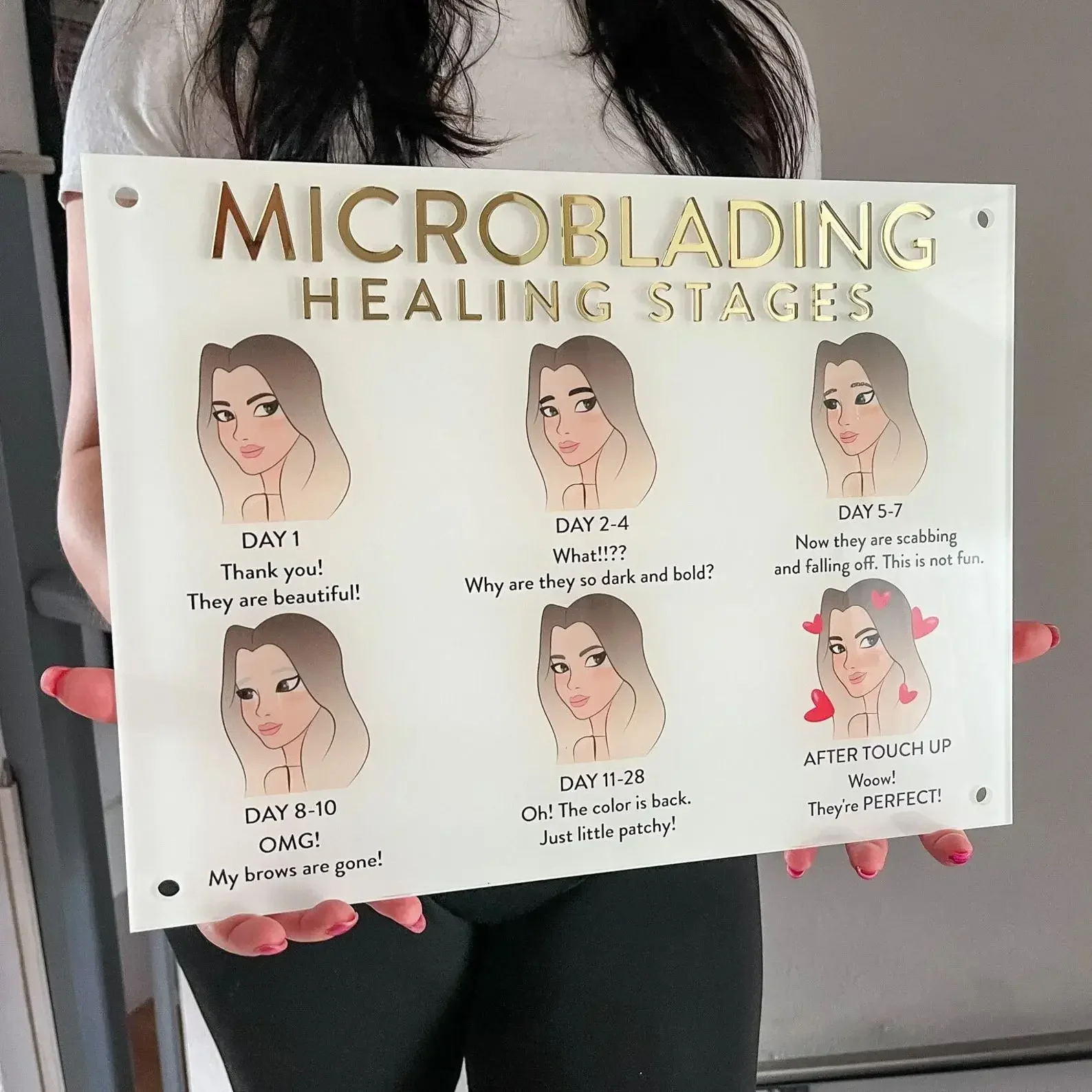 

Microblading Healing Stages Sign for The Wall, White Background with Golden Letters, All Mounting Material Included