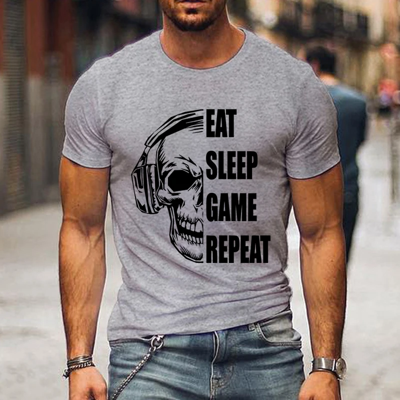 Camiseta de música de esqueleto para hombres, ropa de calle de Hip Hop, juego de comer y dormir, estampado de repetición,2024