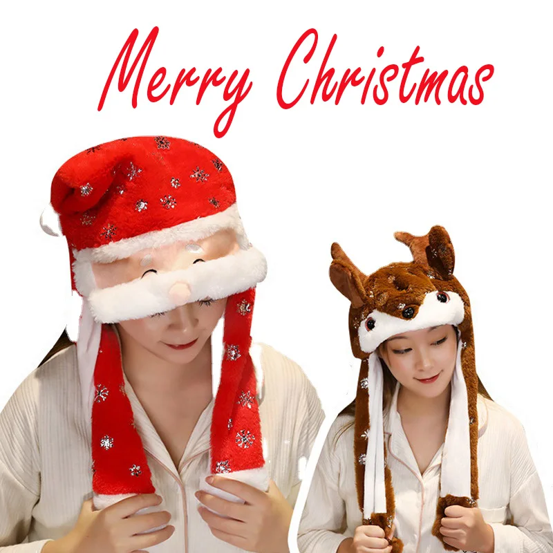 Winter Christmas Hat Santa Fur Moving Ear Jumping Hats Plush Toy Cap Kids Adult Family Match Outfit Funny Gift Cosplay Costume