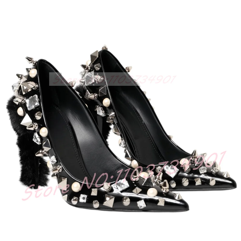 

Женские меховые туфли-лодочки с жемчугом и заклепками и кристаллами в стиле панк, изящные черные кожаные туфли-лодочки с острым носком, женские вечерние пикантные туфли без шнуровки на высоком каблуке