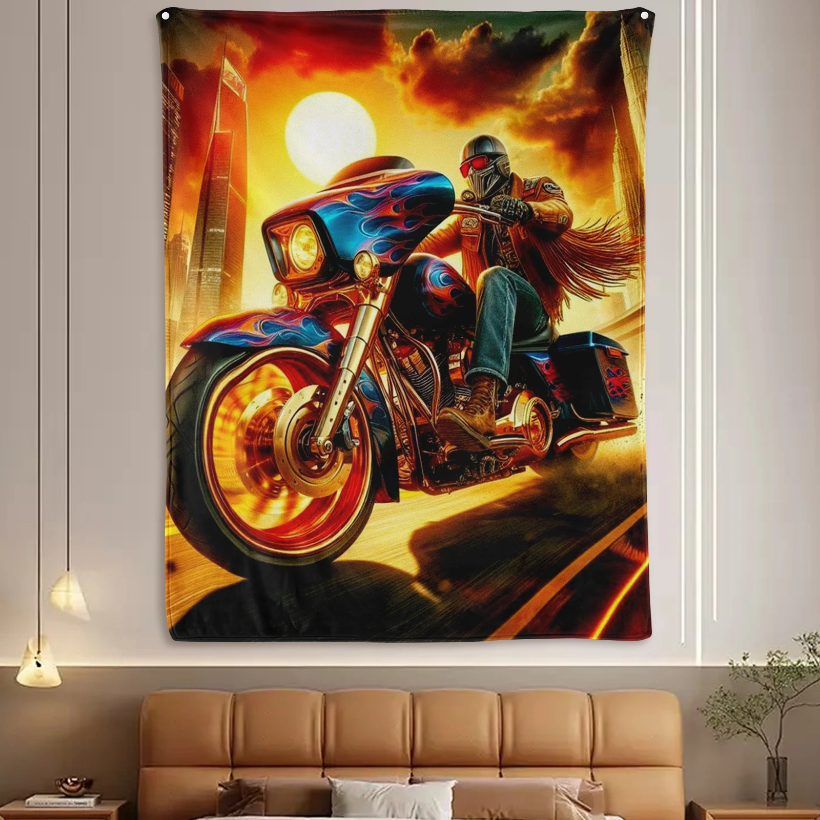 Striking Blanket With Scenes Of A Motorcycle Roaming Through A Desolate Urban Landscape Perfect For Loved Ones