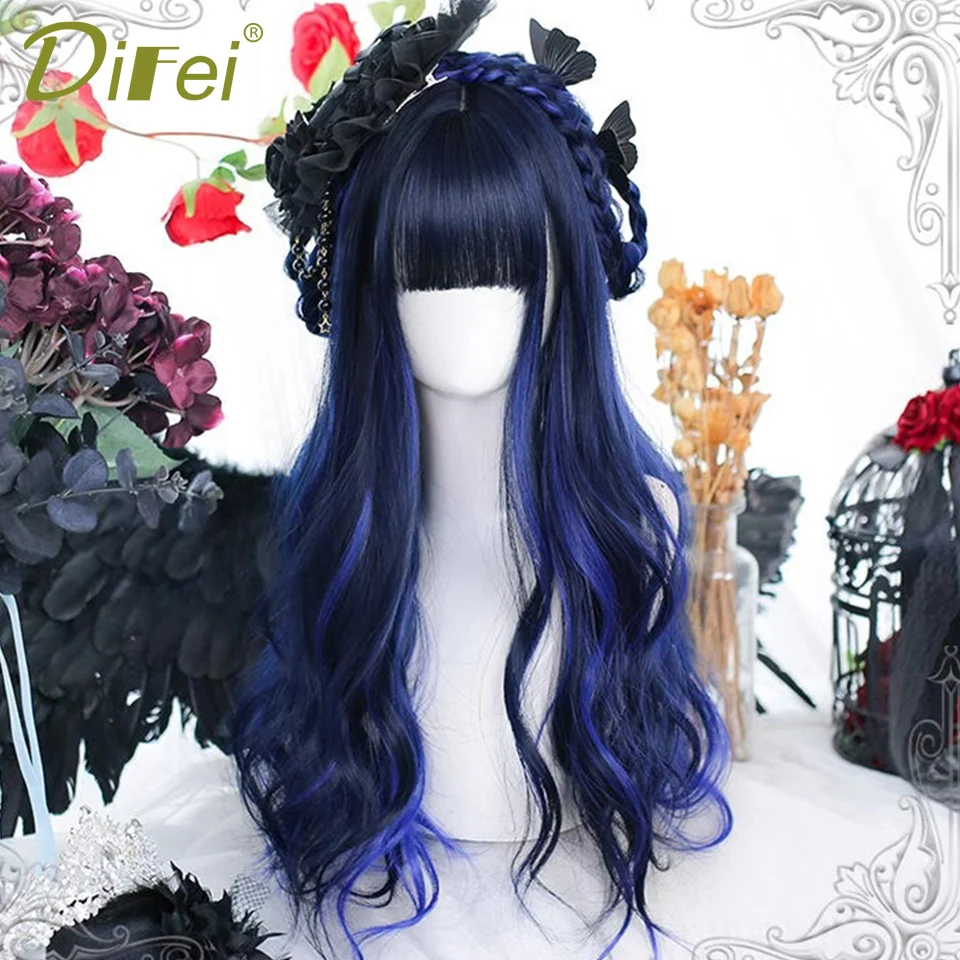 Synthetic Wig Female Classical Elegance Lolita Black Highlights Blue Straight Bangs Long Curly Hair Cosplay Christmas Party Wig