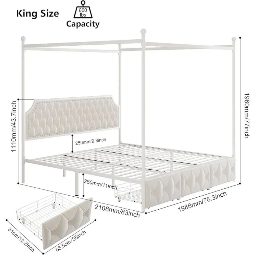 Marco de cama con dosel de tela King Level con 3 cajones y cabecero cosido con botones, cama con plataforma de metal con 4 pilares desmontables