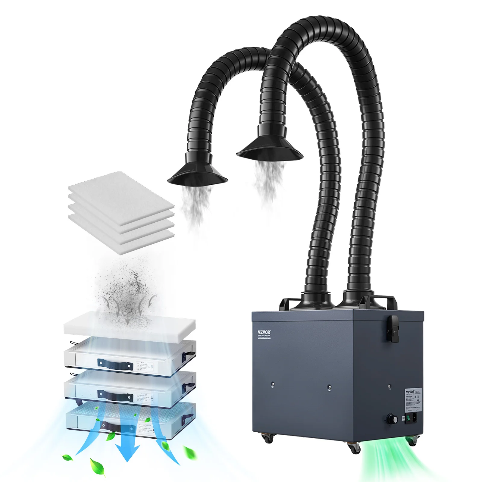 Extractor de humos de soldadura VEVOR con mangueras dobles, absorbedor de humo de soldadura sin escobillas de 275 W con filtros de 4 etapas y 10 velocidades, purificador de humo de succión fuerte de 380 m³/h para solda