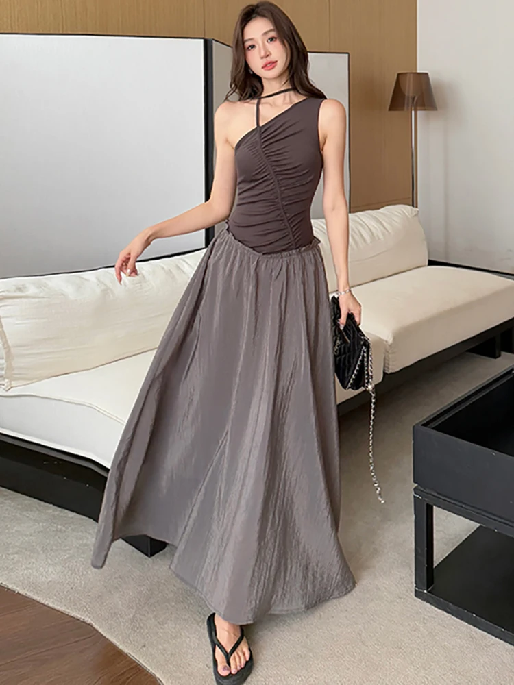 

2025 Korean Vintage Patchwork Fake Two Piece Dress Summer Elegant Chic Off Shoulder Sexy Dress Women Bodycon Festival Prom Dress