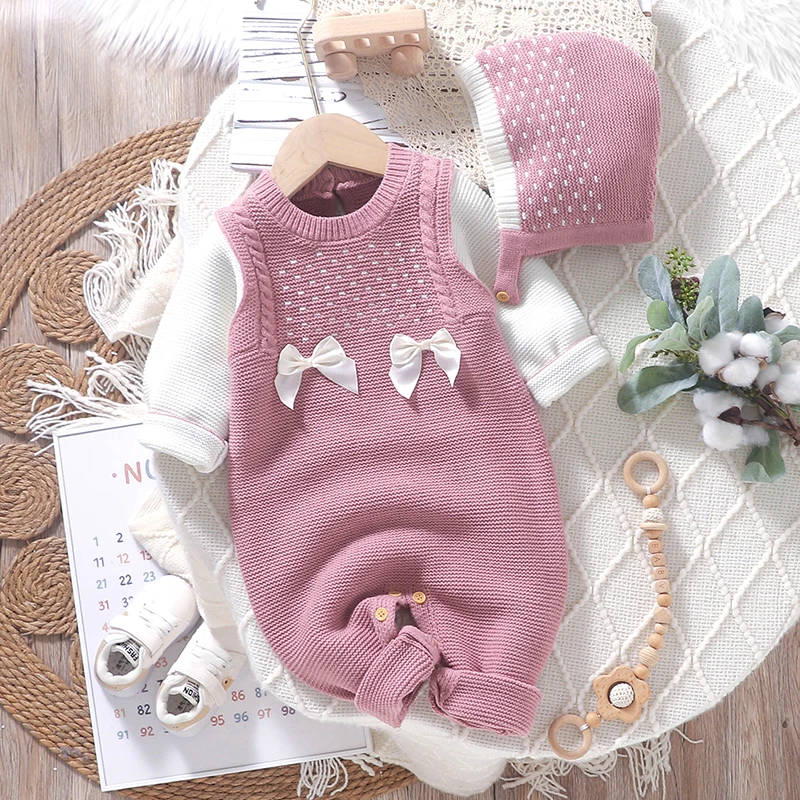 Baby Girls Knitted Rompers Hats Clothes Pink Long Sleeves Newborn Infant Jumpsuits Outfits 0-18m Autumn Winter Toddler Playsuits