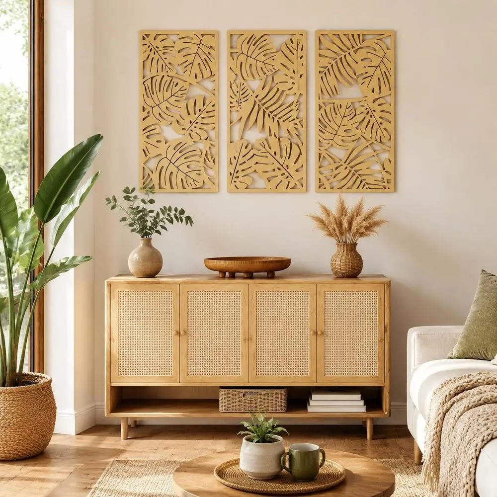 Ensemble de 3 décorations murales en bois 3D, tableau mural design feuilles tropicales effet bois naturel, décoration murale moderne en relief pour salon, chambre, bureau, maison style bohème et scandinave, art mural élégant grand format 40 x 80 cm, décoration intérieure
