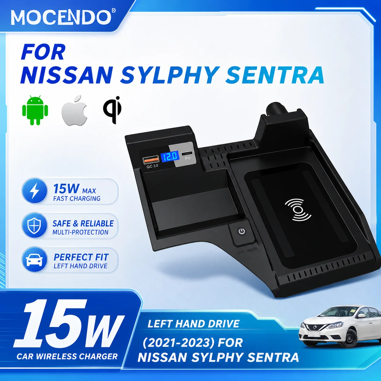 For Nissan Sylphy Sentra 2020-2023 15W Wireless Car Phone Charger Fast Charging Holder Pad Compatible with Most Phones
