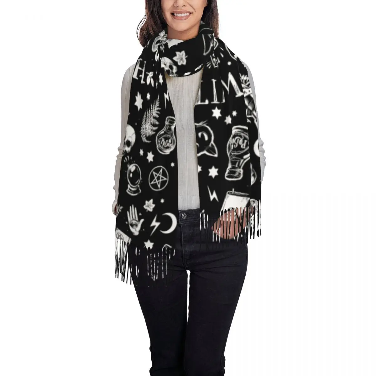 Custom Printed Halloween Occult Gothic Magic Witch Pattern Scarf Women Men Winter Warm Scarves Shawl Wrap view 2