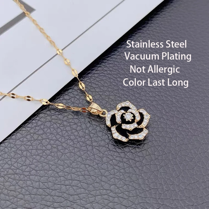 New Sexy Temperament Black Rose Pendant Stainless Steel Necklaces For Women Korean Fashion Female Clavicle Chain Jewelry Gift