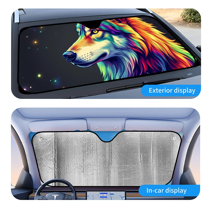 Versatile Collapsible Sunshade For Car Windows Available In Three Sizes, Featuring A Vibrant Wolf Design Against A Starry Backdr