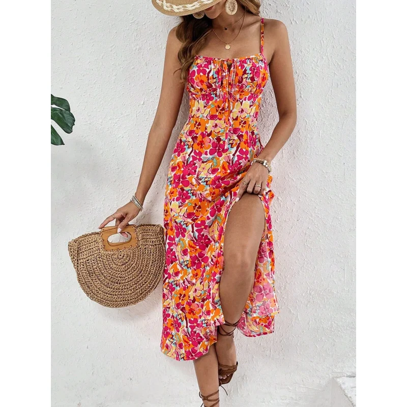

Women's Casual Vacation Style Printed Dress Summer Square Neck Strap Slit Elegant Mid-Length Dress