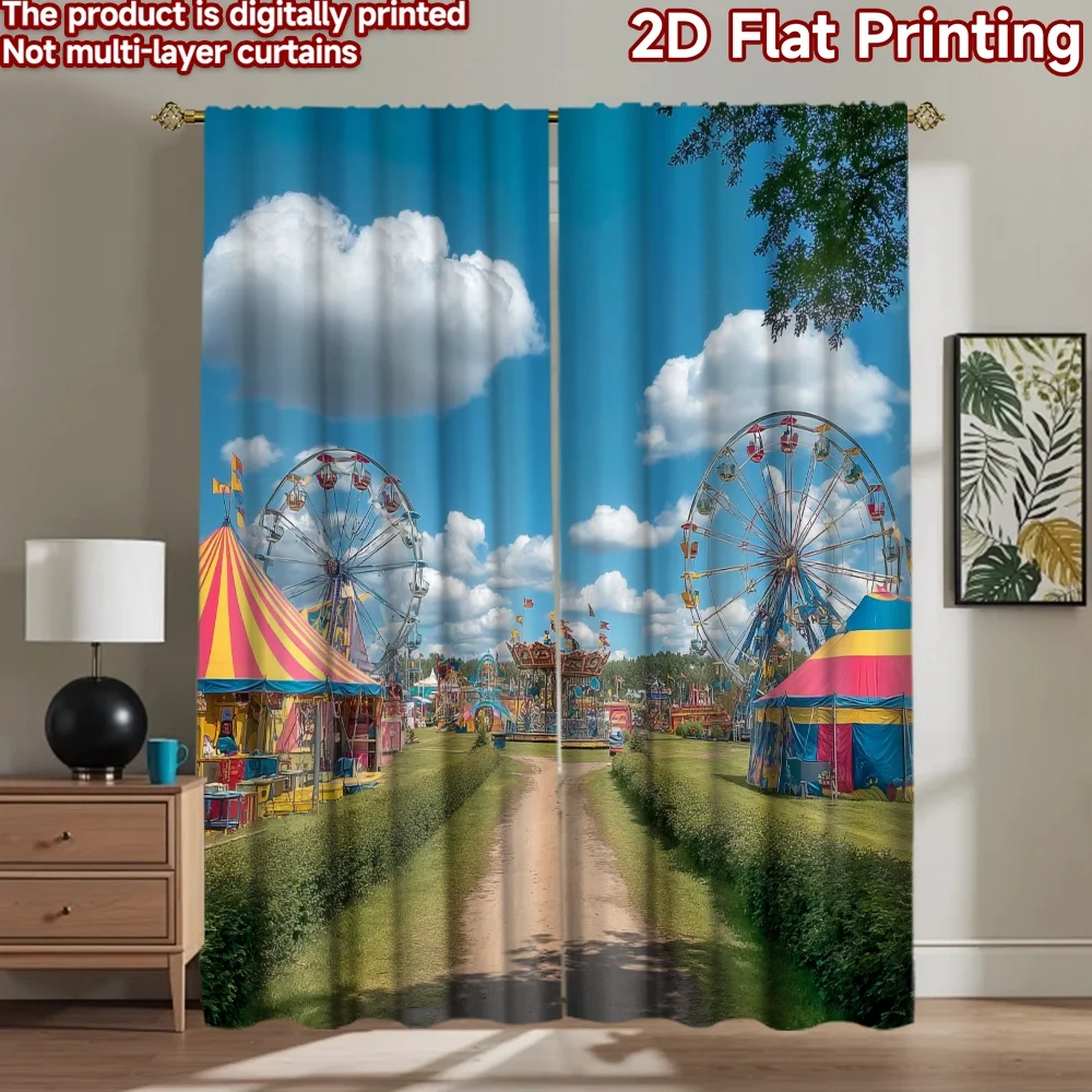 2D flat printing 2pcs Scene Curtain Carnival Ferris Wheel Fun Sky Digital Printed Polyester Drapes Birthday Party Perfect for