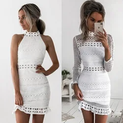 2023Women Dress Sexy White Lace Stitching Hollow Out Party Dresses Elegant Short Mini Summer Spring Long Sleeve Clothes Vestidos