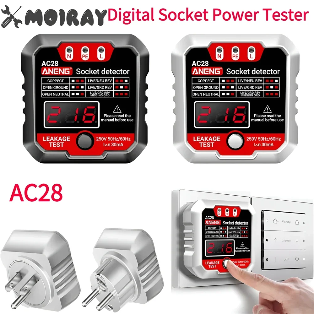 ANENG AC28 Digital Socket Power Tester 250V 50Hz/60Hz Socket Polarity Detector EU/US Plug Voltage Tester Circuit Breaker Finder