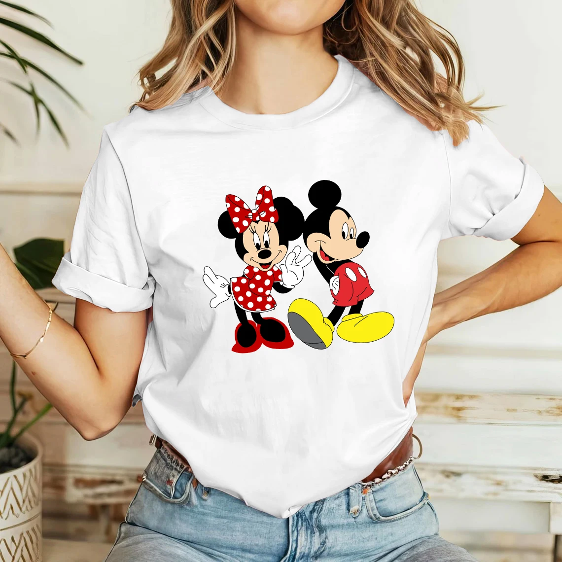 

Cartoon Mickey Mouse and Minnie Mouse Romantic Playful Logo Short-Sleeve Women's White T-Shirt Home and Outdoor Casual Shirt