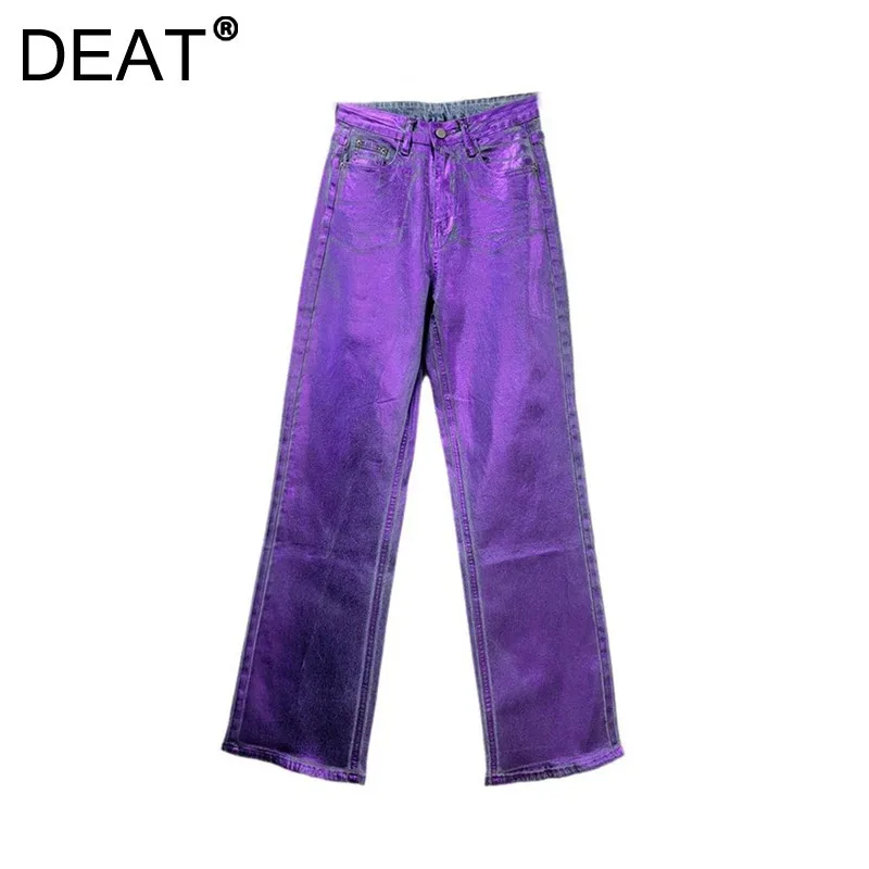 DEAT Women's Jeans High Waist Shiny Purple Coated Striped Straight Wide Leg Loose Denim Pants 2025 New Fashion Spring 29L9232