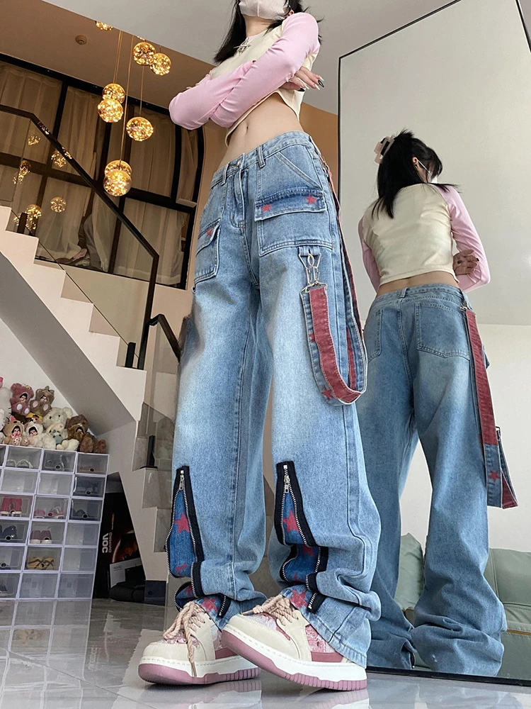 女性の秋のルーズジッパースプリットデザインプリントストレートワイドレッグパンツファッション多用途ハイストリートヴィンテージデニムパンツ