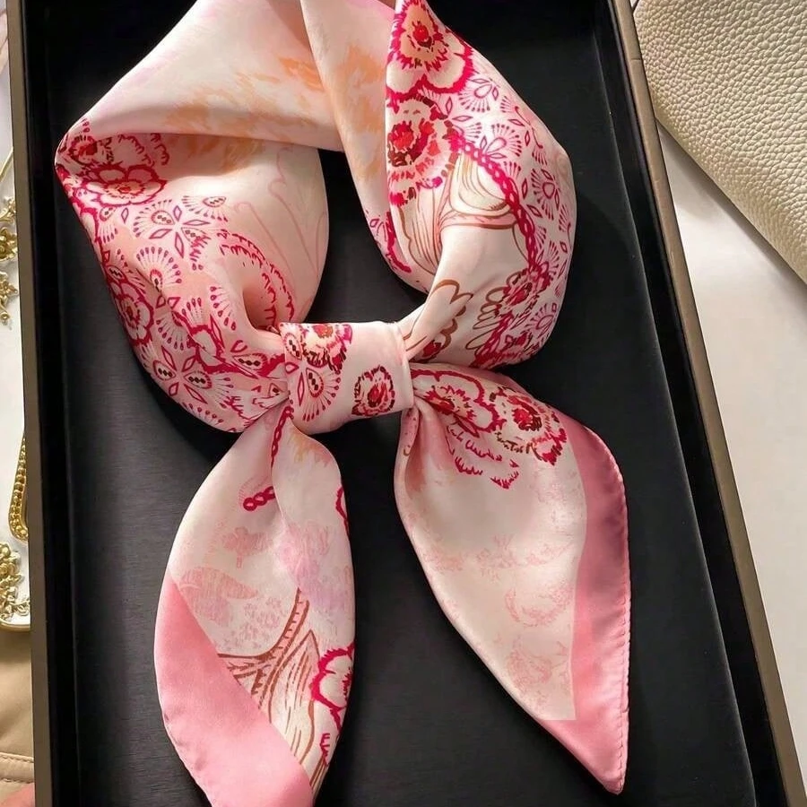 

1pc Women's Elegant Retro Printed Lightweight Satin Square Faux Silk Scarf, Bohemian Style Casual Ladies Neck Scarf, Shawl, Thin & Comfortable Women's Headscarf, Suitable For Spring/Summer Daily Wear And Outings