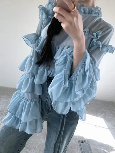 Chic Women's irt Stand Collar Layered Tulle Sve Cake Hem Light Mature Sle Early Autumn Faion Bell Sve irt