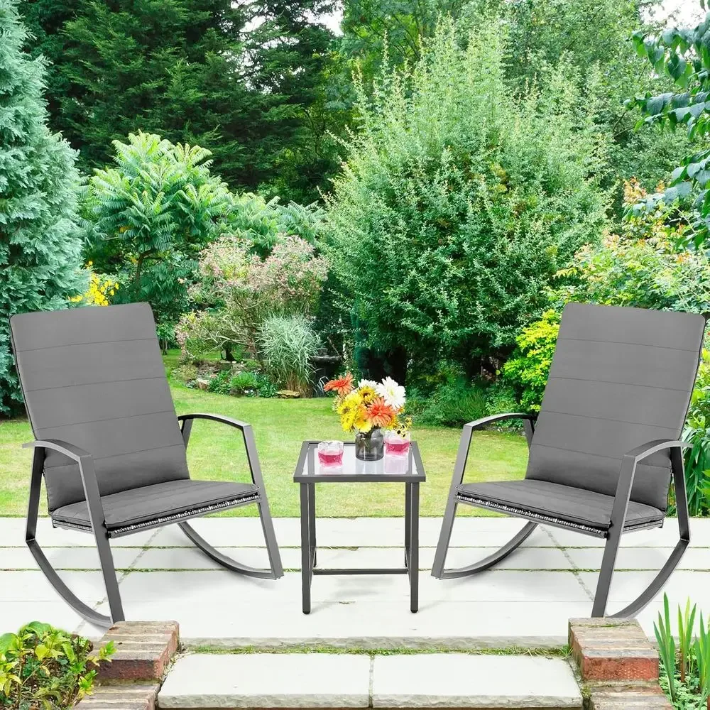 3-Piece Outdoor Rocking Bistro Set with PE Rattan Chairs and Tempered Glass Table, Gray Wicker Cushioned Patio Furniture for Gar