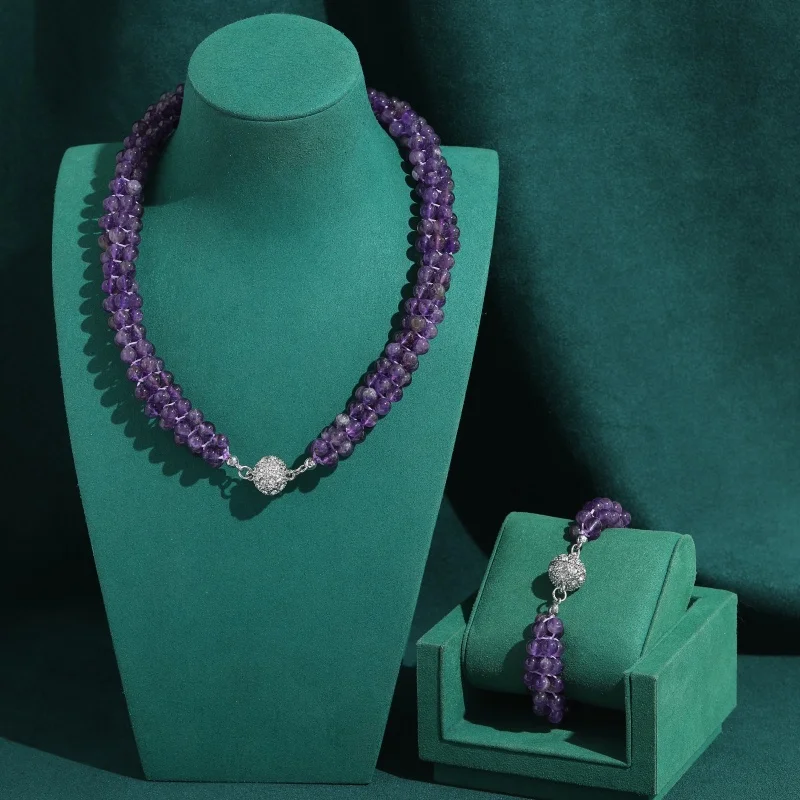 Vintage Purple Agate Ball Magnetic Rhinestone Jewelry Sets Necklace Bracelet Turquoise Pearl Luxury High Quality Gifts For Women