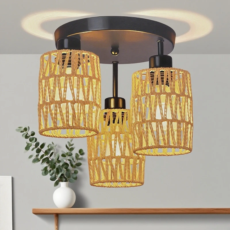 

1/3-Light Boho Rattan Ceiling Lighting Fixture Hand Woven Ceiling Light Fixture for Hallway Bedroom Kitchen Entryway Living Room