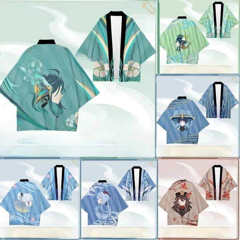 ثوب الكيمونو الياباني هاوري يوكاتا Zhongli تأثيري النساء/الرجال موضة الصيف قصيرة الأكمام معطف فوقي قمصان الشارع الشهير