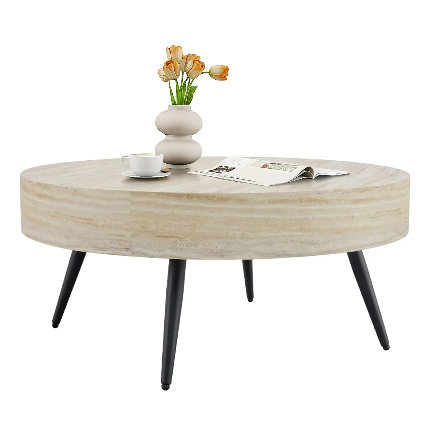 Round Coffee Table Mid Century Small Wood Accent Table Metal Legs Living Room Apartment 31.5''D Stone Pattern, Customized