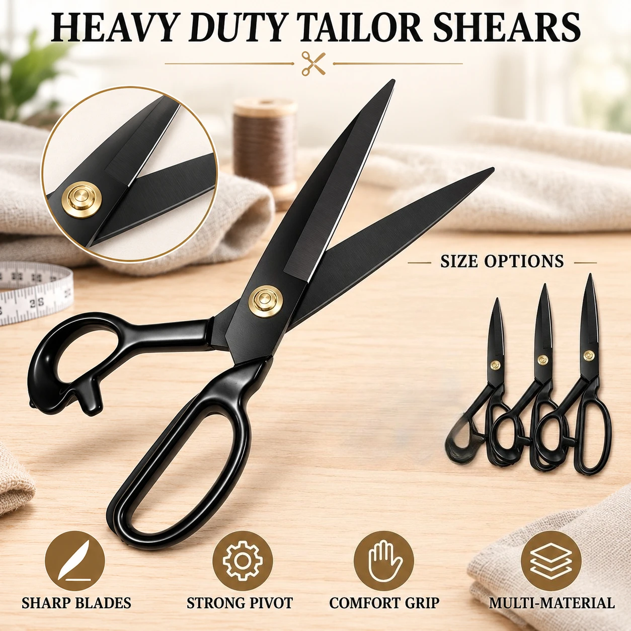 Professional Heavy Duty Tailor Scissors Industrial Sharp Sewing Shears for Cutting Fabric Leather Home Use 1pc