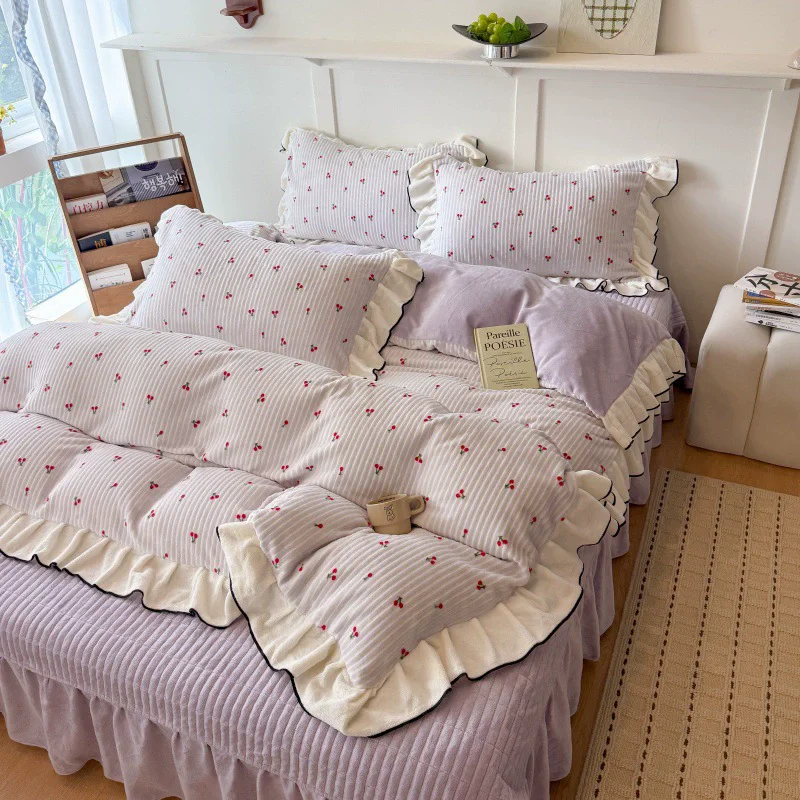 2026 Princess Winter Milk 4pcs Bedding Sets Lovely Cherry Warm Quilt Cover Thickened Bedspread for Women Bedroom