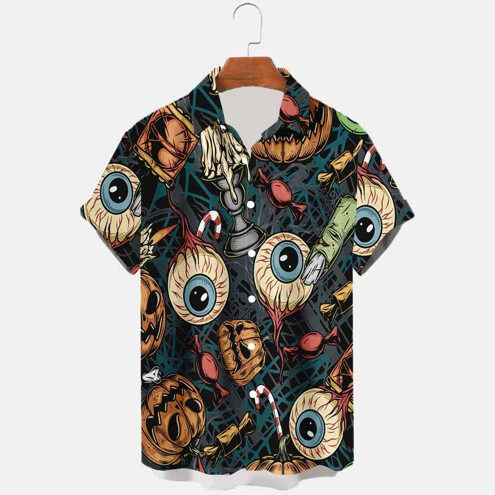 Retro Graffiti Halloween Witch Flower Candlestick Print Men's Short Sleeved Shirt Personalized Street Versatile Casual Shirt