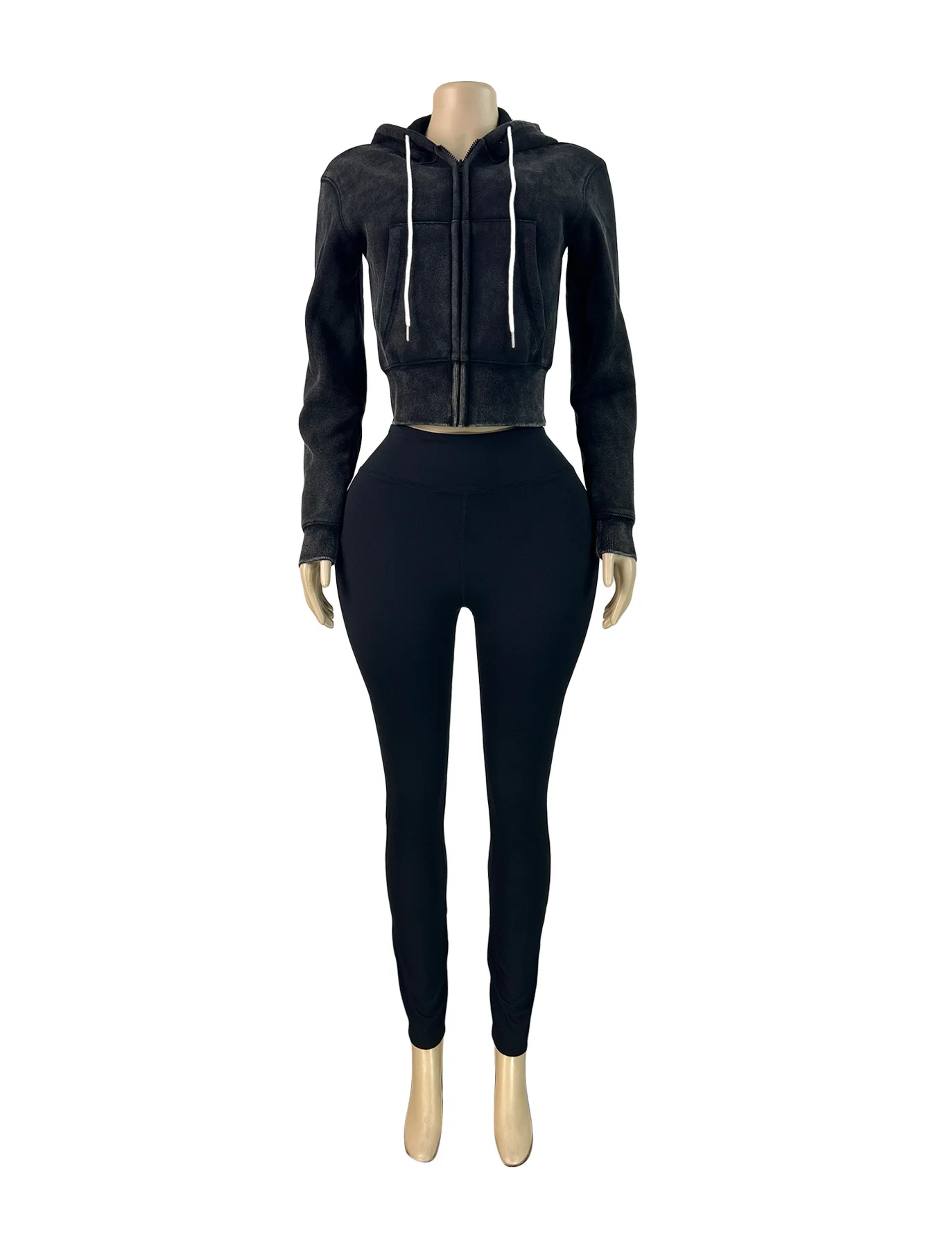 Kliou Casual Sportivo Set da 2 pezzi Donna Tendenza autunnale Giacca con cappuccio con coulisse stile lavato + Pantaloni da yoga solidi Tuta semplice quotidiana