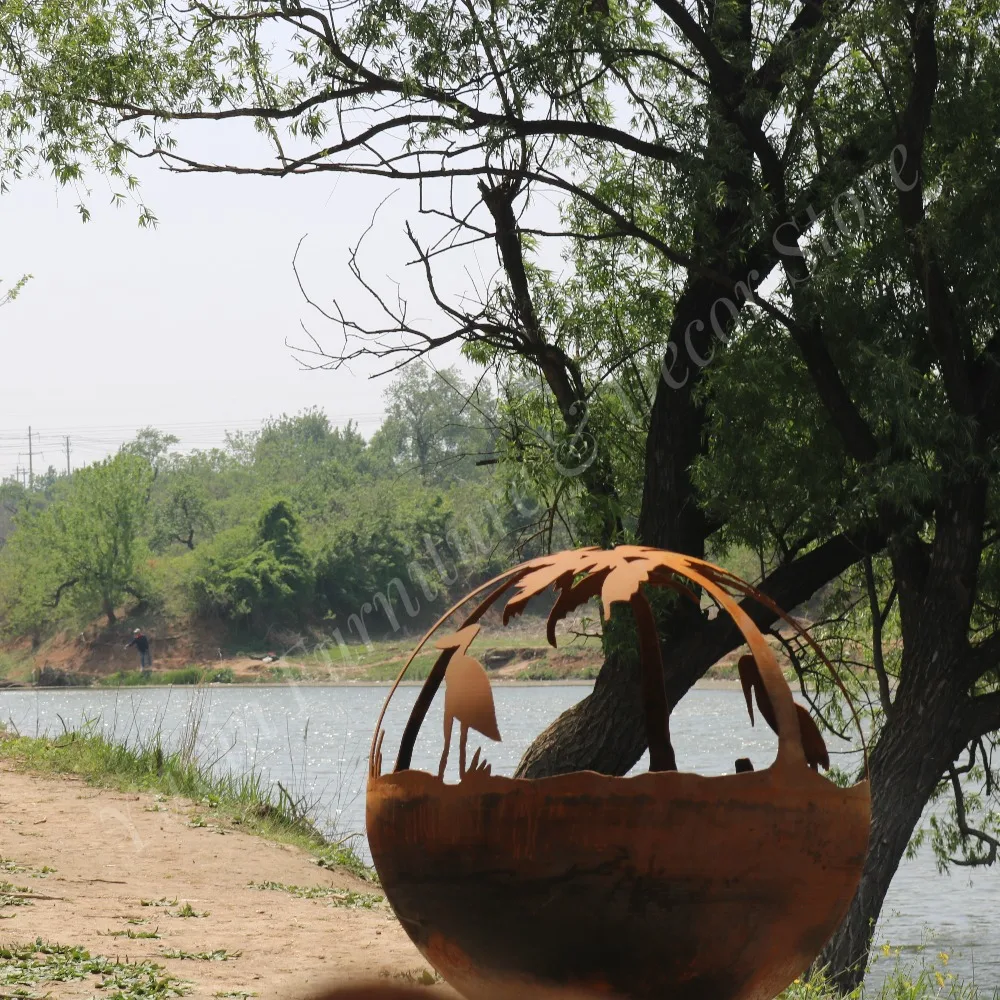 Outdoor Bonfire Corten Steel Fireball Sphere Wood Burning Fire Pits with Firewood Durable Design