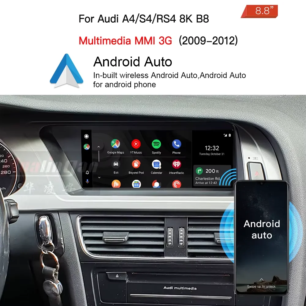 For Audi A4 S4 RS4 B8 MMI 3G 8.8 touch screen upgrade 2009-2018 CarPlay Android Auto Android 13 apps Netflix Spotify Prime Video