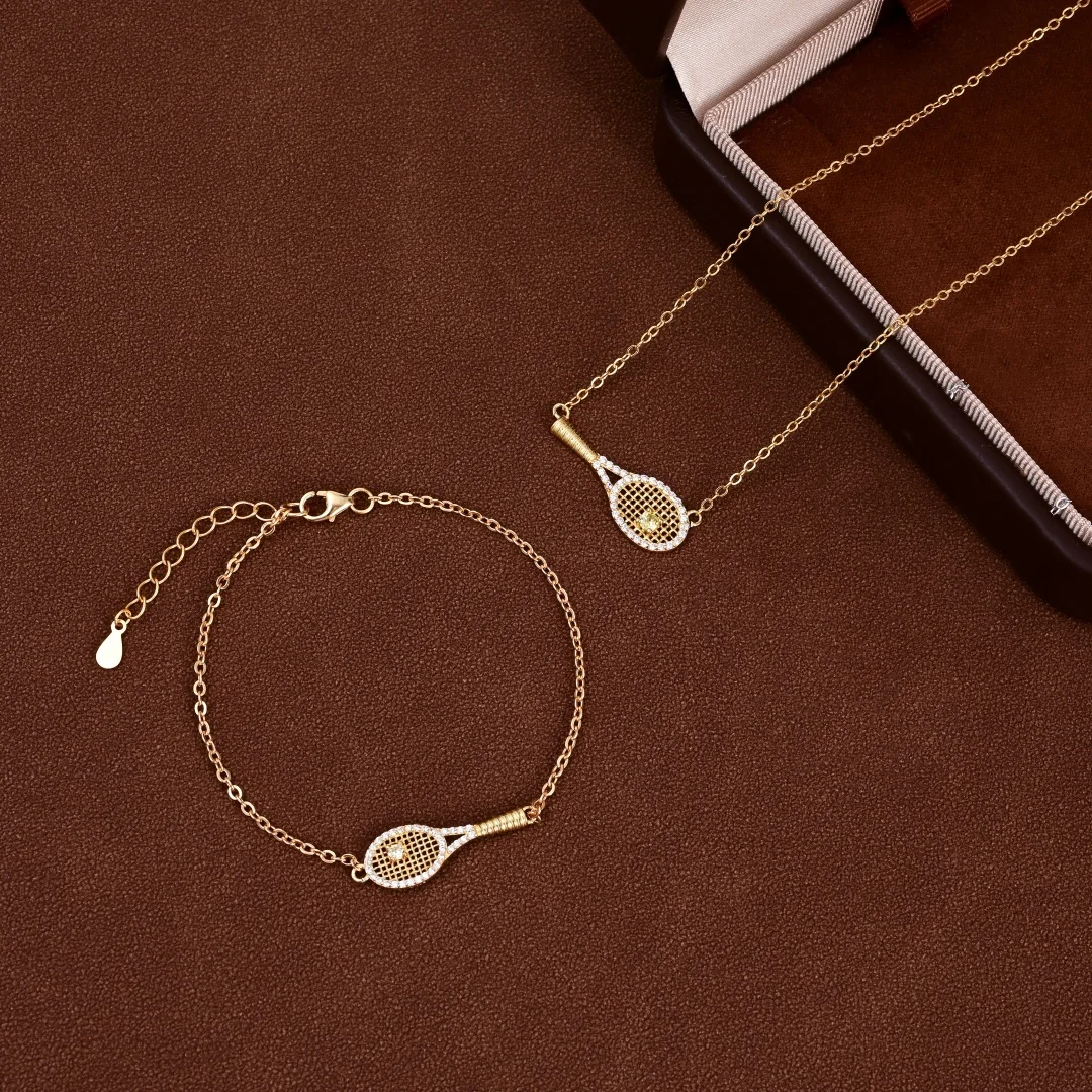 S925 Sterling Silver Inlaid Zircon Tennis Racket Pendant Necklace and Bracelet Set - Women's and Girls' Jewelry Accessories SL56