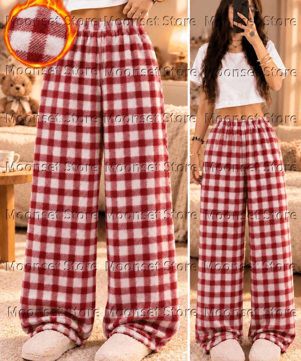 Red White Check Flannel Loungewear Pants Pajama Pants Women Elastic Drawstring Loose Trousers Thick Winter Home Sleepwear Bottom