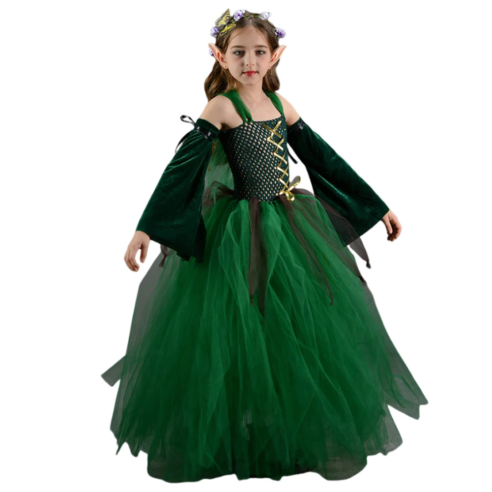Kids Girls Forest Elf Cosplay Tutu Green Dress Costume Role Play Dance Skirts Stage Performence Elf Ear Outfits Halloween Suit