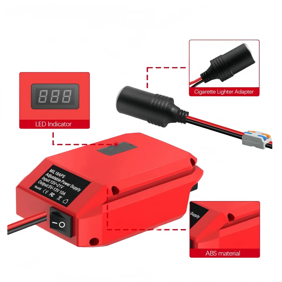 milwaukee m18 cigarette lighter adapter 18V to 12V step-down power converter for Milwaukee 18V lithium battery, 12V/20A/240W  rate, with cigarette lighter plug