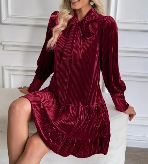 الخريف والشتاء جديد بلون جولة الرقبة الدانتيل يصل فستان سروال قصير الزخرفية لعيد الميلاد المرأة فستان أنيق بأكمام طويلة #1