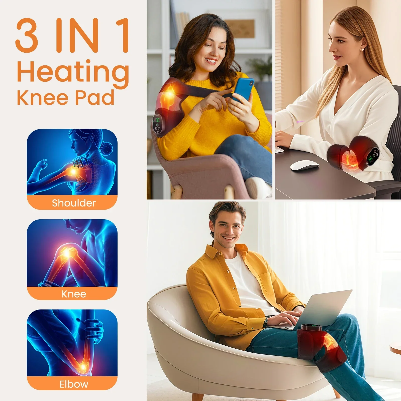 Electric Heating Knee Massager 3in1 Knee Elbow Shoulder Leg Thermal Vibration Massage Knee Blood Circulation Warmer Rechargeable